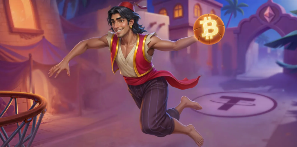 Krypto-Bonus — Aladdin beim Dunk mit Bitcoin-Ball