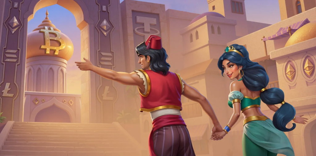 Krypto-Bonus — Aladdin zeigt auf den Bitcoin-Turm