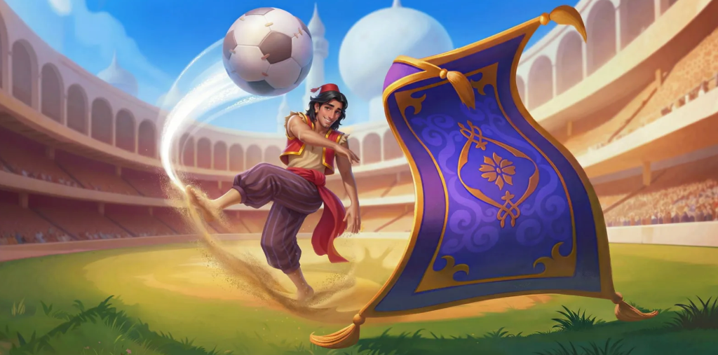 Sport-Bonus — Aladdin kickt einen Fussball im Stadion